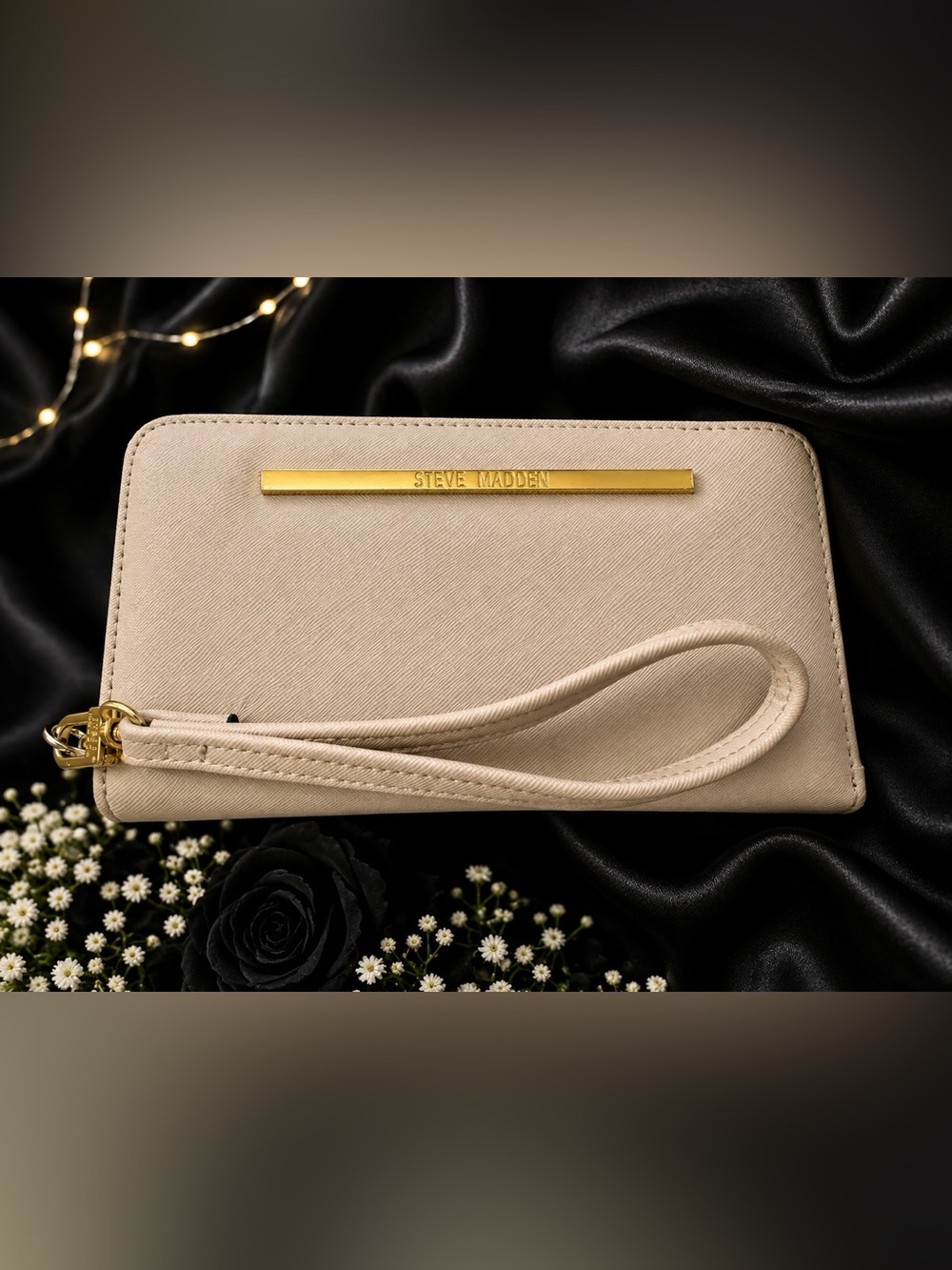 Steve Madden Neutral Beige Wristlet with Gold Logo Bar